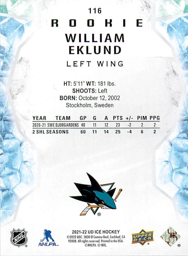 2021-22 UD Ice - William Eklund - Rookie #116