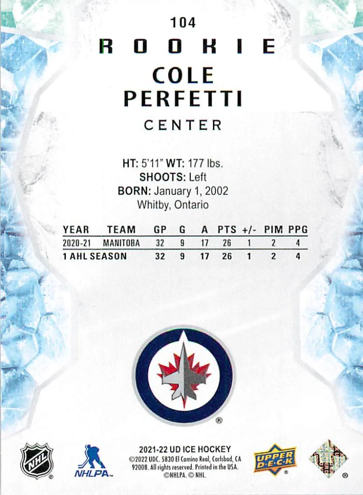 2021-22 UD Ice - Cole Perfetti - Rookie #104