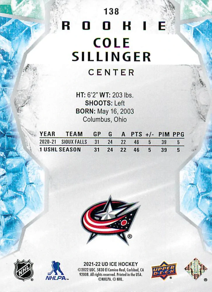2021-22 UD Ice - Cole Sillinger - Rookie Green #138