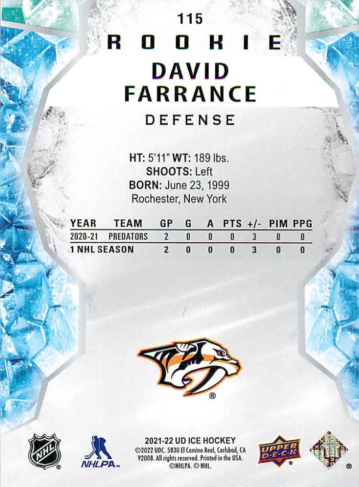 2021-22 UD Ice - David Farrance - Rookie Green #115
