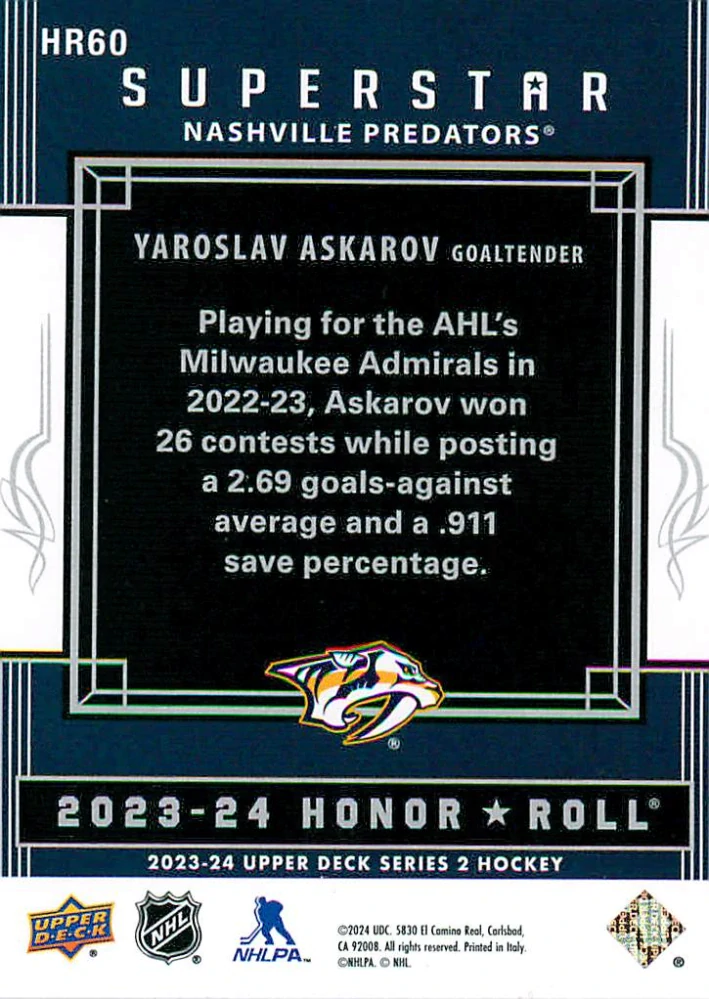 2023-24 UD Series 2 - Yaroslav Askarov - Superstar Honor Roll #HR60