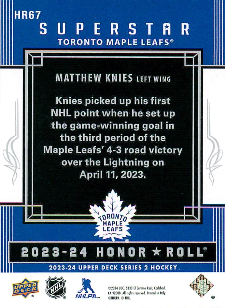 2023-24 UD Series 2 - Matthew Knies - Superstar Honor Roll #HR67