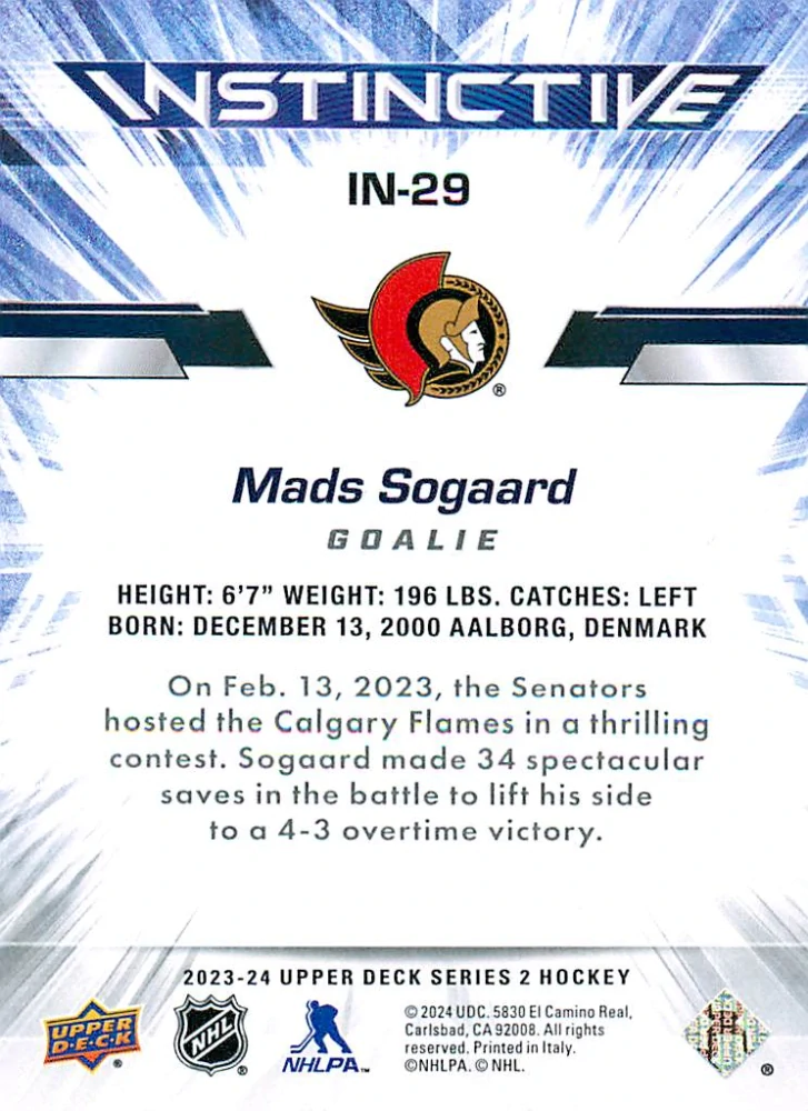 2023-24 UD Series 2 - Mads Sogaard - Instinctive #IN-29