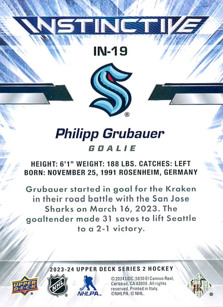2023-24 UD Series 2 - Philipp Grubauer - Instinctive #IN-19