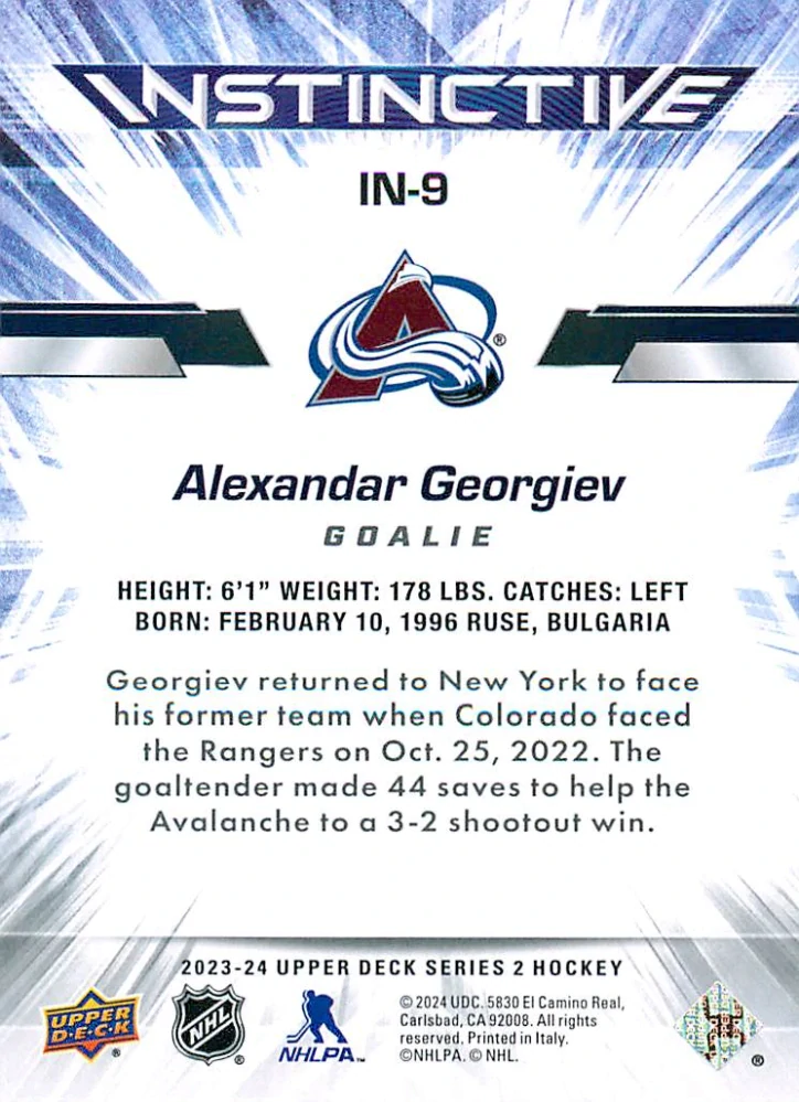 2023-24 UD Series 2 - Alexandar Georgiev - Instinctive #IN-9