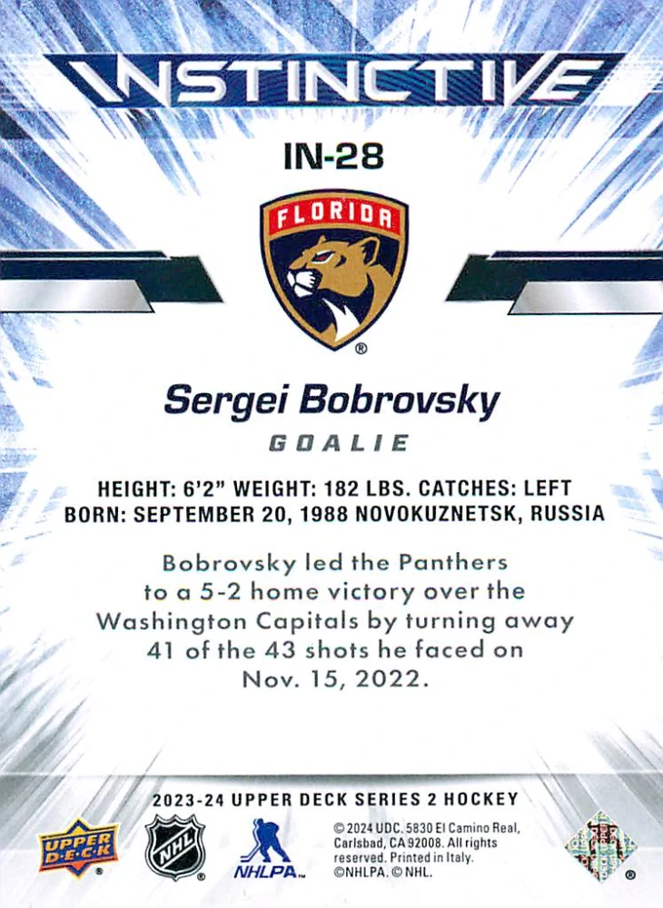 2023-24 UD Series 2 - Sergei Bobrovsky - Instinctive #IN-28