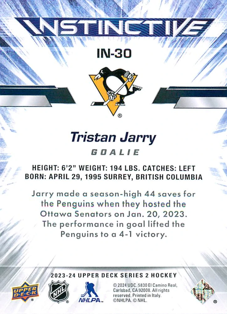 2023-24 UD Series 2 - Tristan Jarry - Instinctive #IN-30