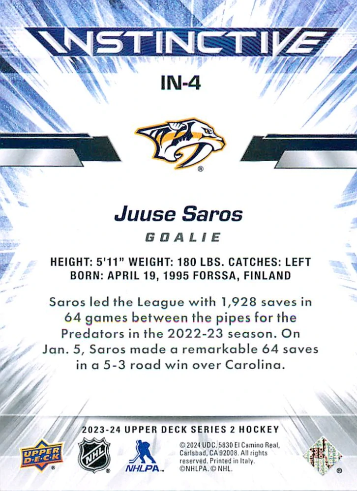 2023-24 UD Series 2 - Juuse Saros - Instinctive #IN-4