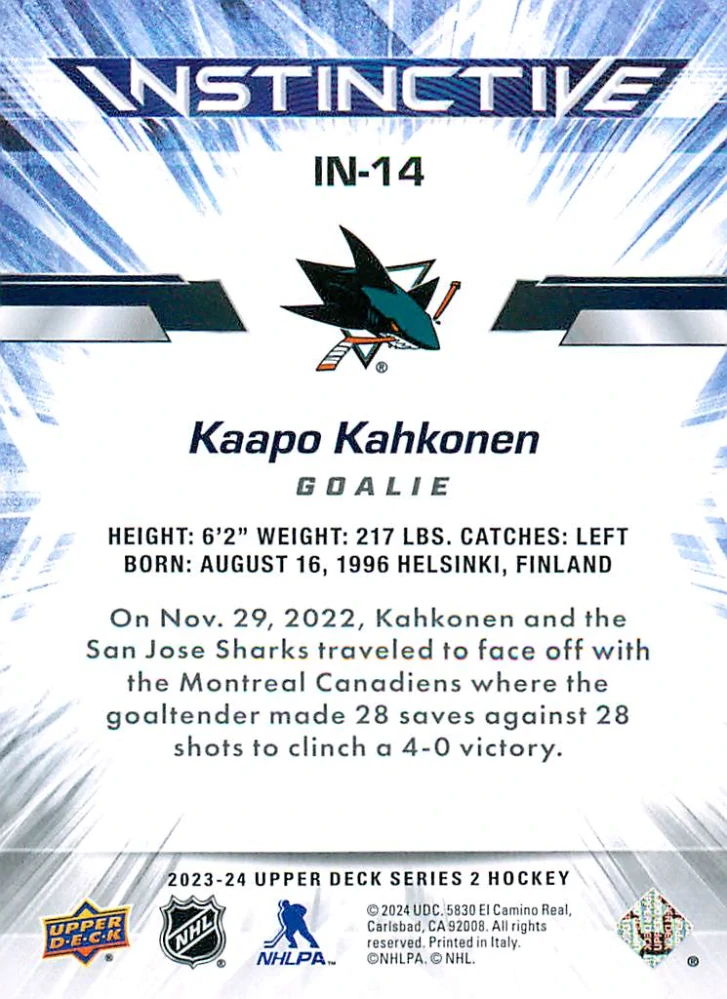 2023-24 UD Series 2 - Kaapo Kahkonen - Instinctive #IN-14