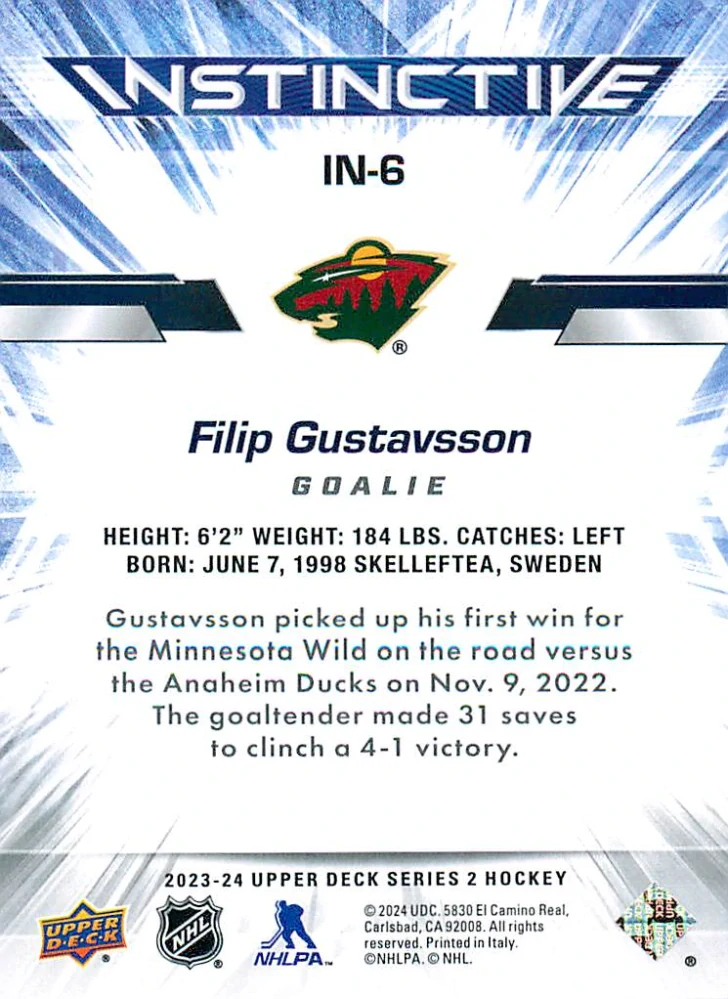2023-24 UD Series 2 - Filip Gustavsson - Instinctive #IN-6