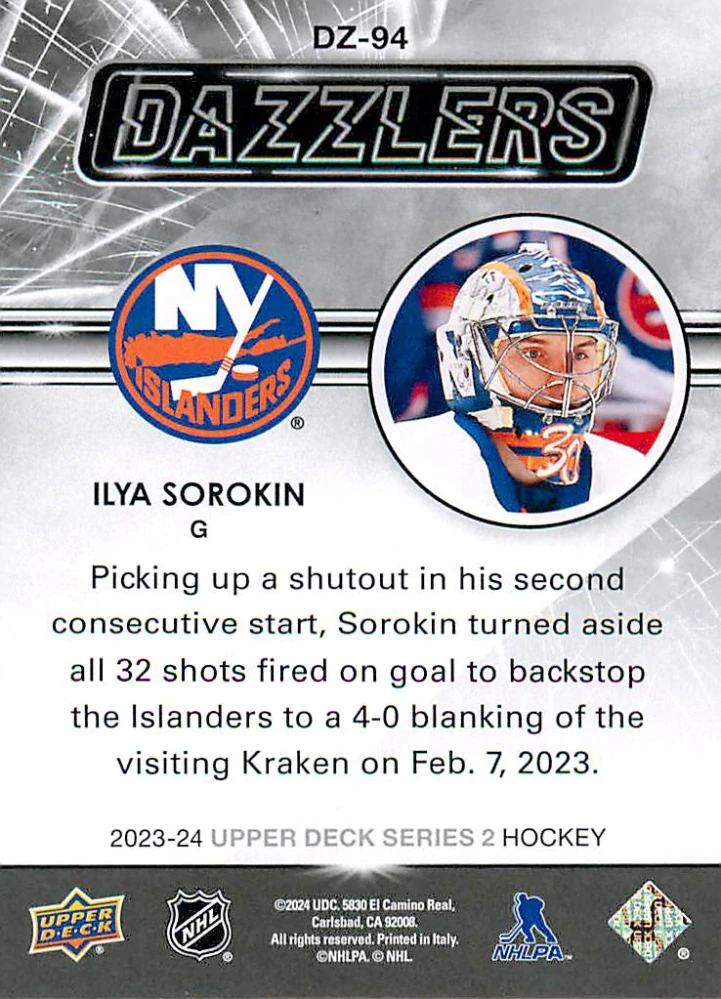 2023-24 UD Series 2 - Ilya Sorokin - Dazzlers Orange #DZ-94