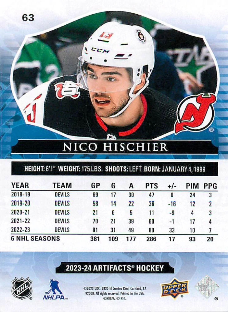 2023-24 UD Artifacts - Nico Hischier - Ruby /499 #63
