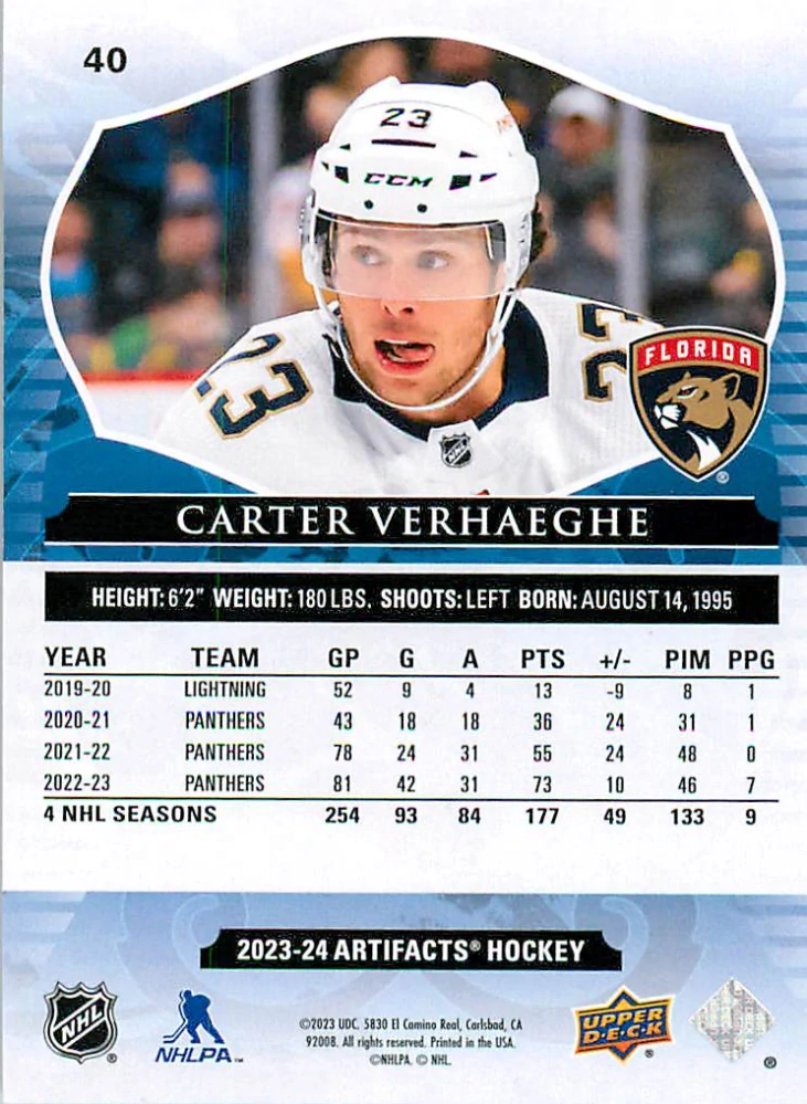 2023-24 UD Artifacts - Carter Verhaeghe - Ruby /499 #40