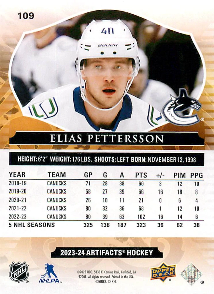 2023-24 UD Artifacts - Elias Pettersson - Royal Blue /199 #109