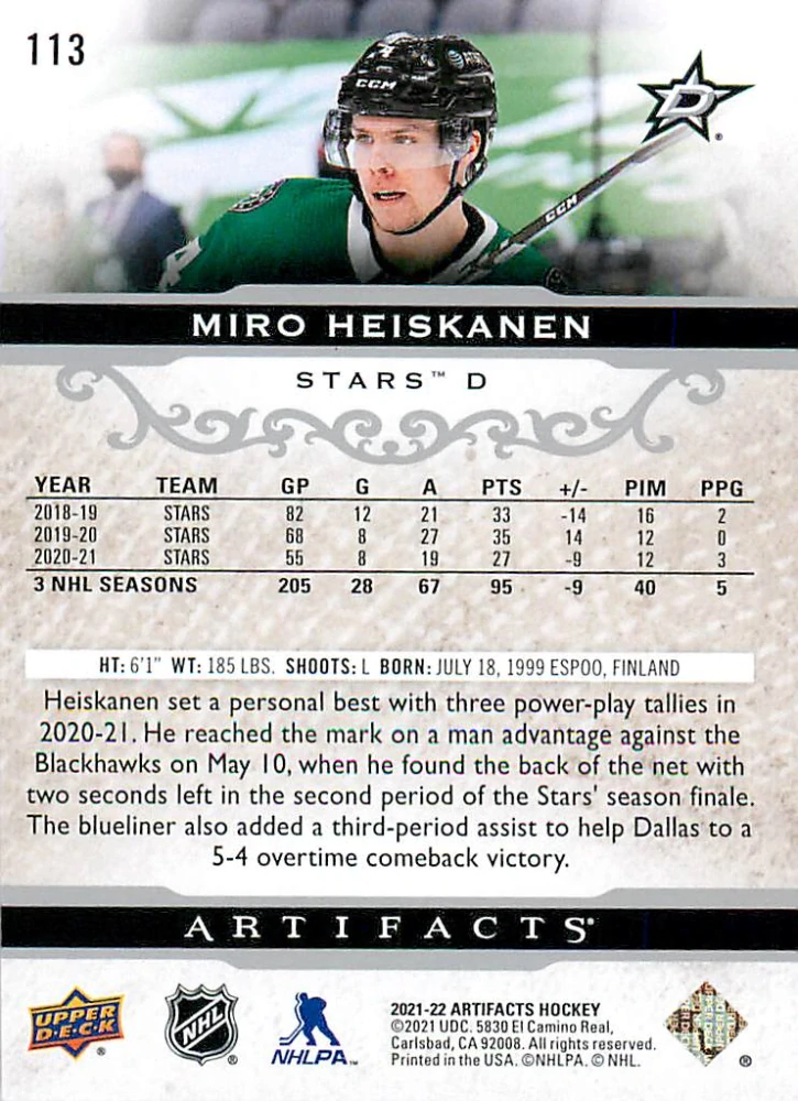 2021-22 UD Artifacts - Miro Heiskanen - /599 #113