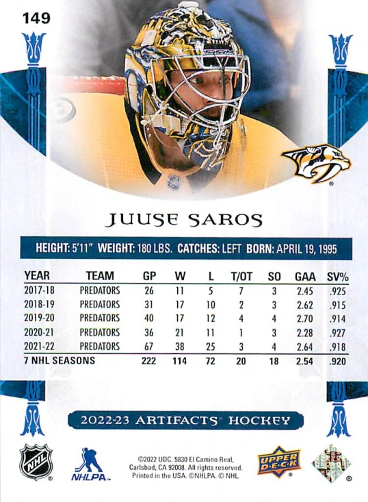 2022-23 UD Artifacts - Juuse Saros /599 #149