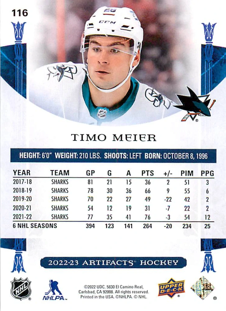 2022-23 UD Artifacts - Timo Meier - Ruby /499 #116