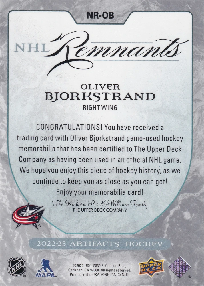 2022-23 UD Artifacts - Oliver Bjorkstrand - NHL Remnants Jersey Relics #NR-OB