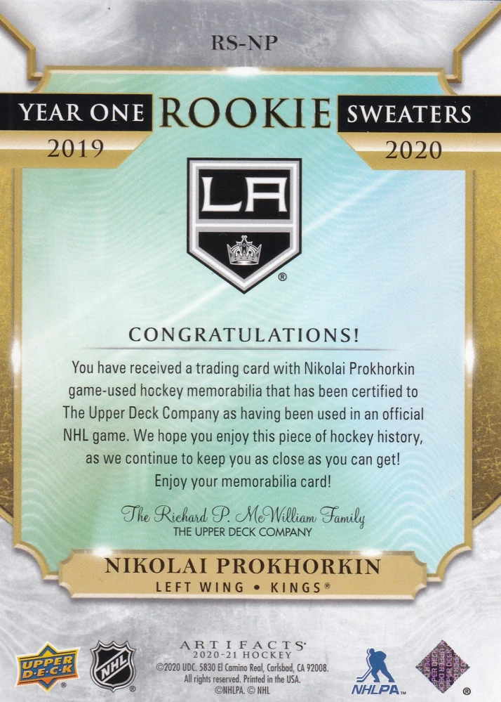 2020-21 UD Artifacts - Nikolai Prokhorkin - Year One Rookie Sweaters #RS-NP