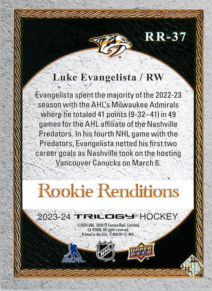 2023-24 UD Trilogy - Luke Evangelista - Rookie Renditions #RR-37