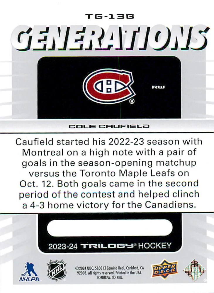 2023-24 UD Trilogy - Cole Caufield - Generations #TG-13B