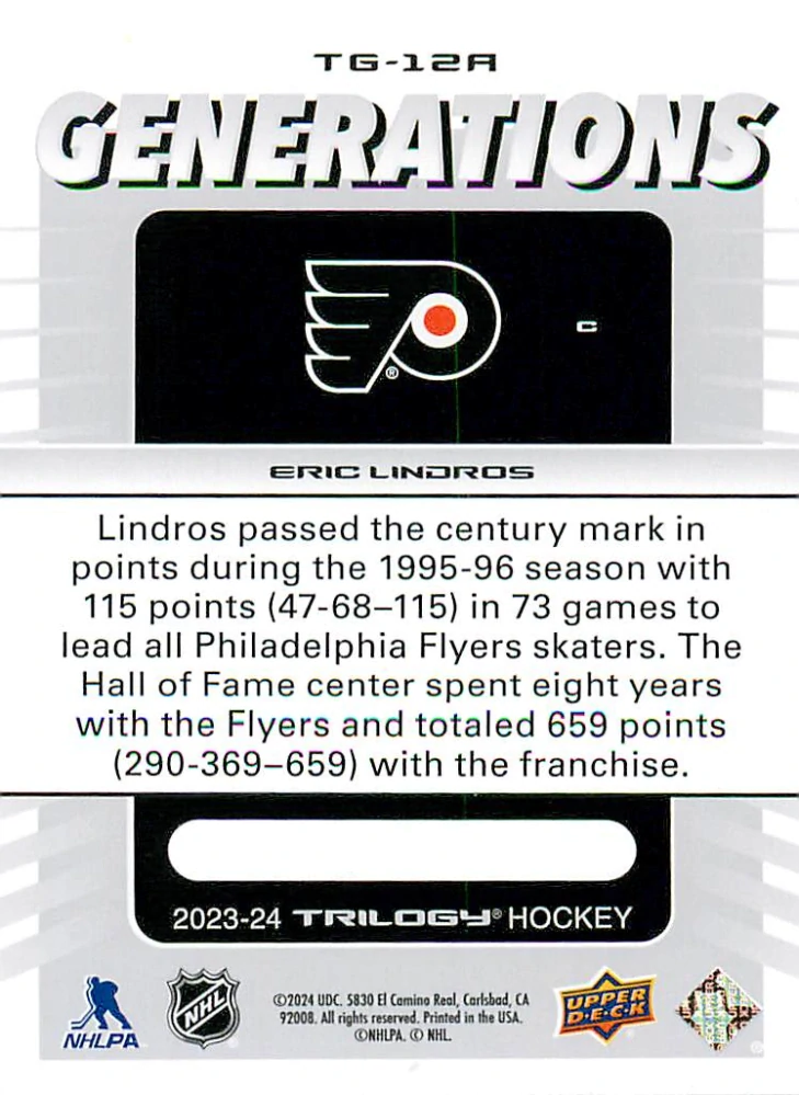 2023-24 UD Trilogy - Eric Lindros - Generations #TG-12A