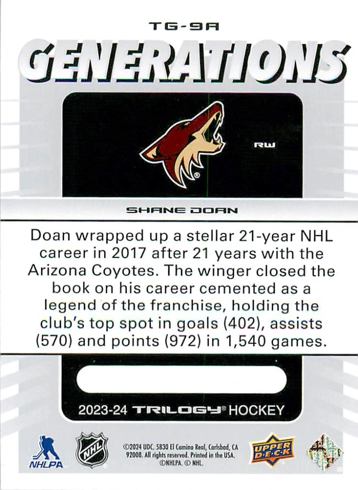 2023-24 UD Trilogy - Shane Doan - Generations #TG-9A