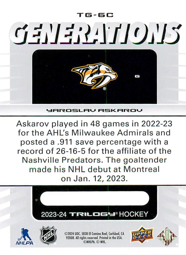 2023-24 UD Trilogy - Yaroslav Askarov - Generations #TG-6C