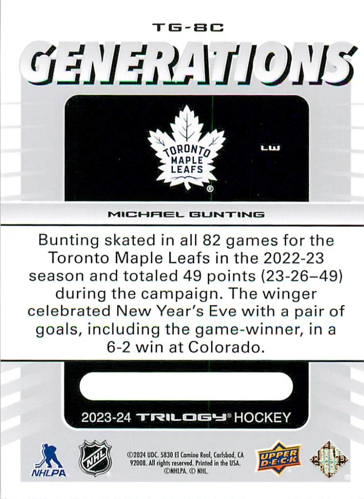 2023-24 UD Trilogy - Michael Bunting - Generations #TG-8C