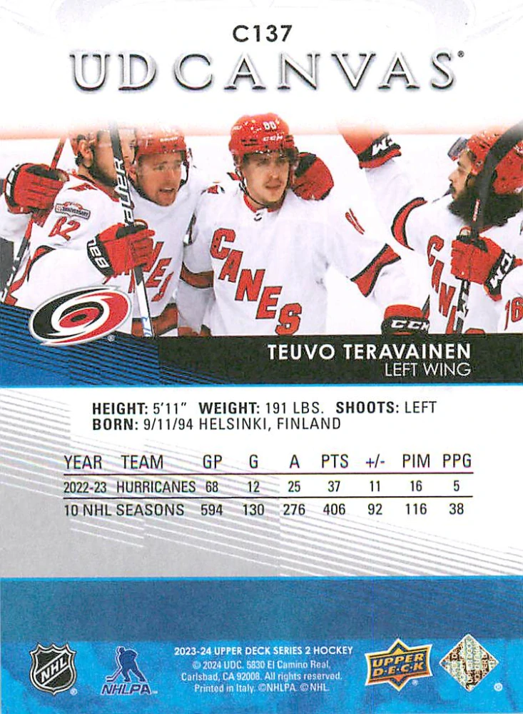 2023-24 UD Series 2 - Teuvo Teravainen - Canvas #C137