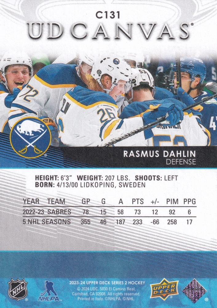2023-24 UD Series 2 - Rasmus Dahlin - Canvas #C131