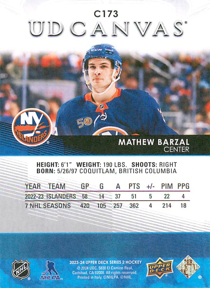 2023-24 UD Series 2 - Mathew Barzal - Canvas #C173