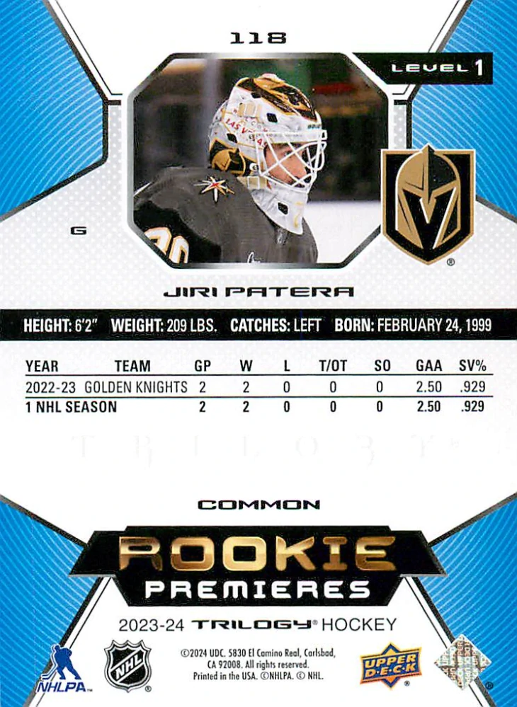 2023-24 UD Trilogy - Jiří Patera - Rookie Premieres /999 #118