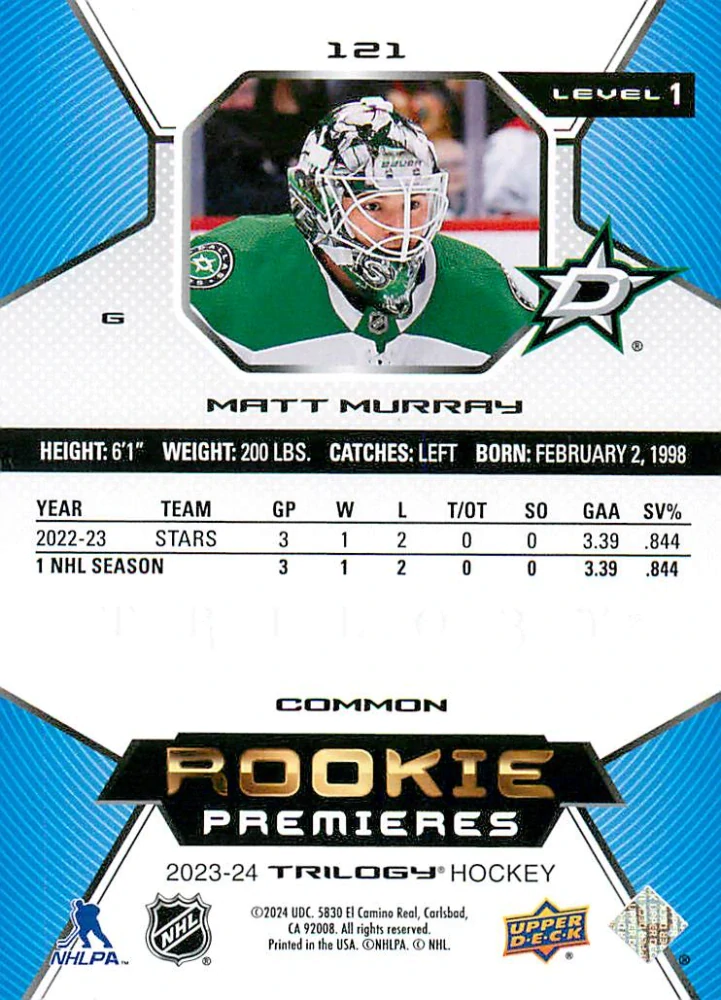 2023-24 UD Trilogy - Matt Murray - Rookie Premieres /999 #121