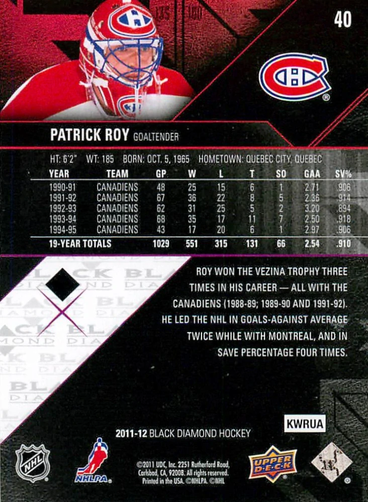 2011-12 UD Black Diamond - Patrick Roy #40