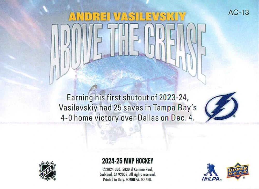 2024-25 UD MVP - Andrei Vasilevskiy - Above The Crease #AC-13