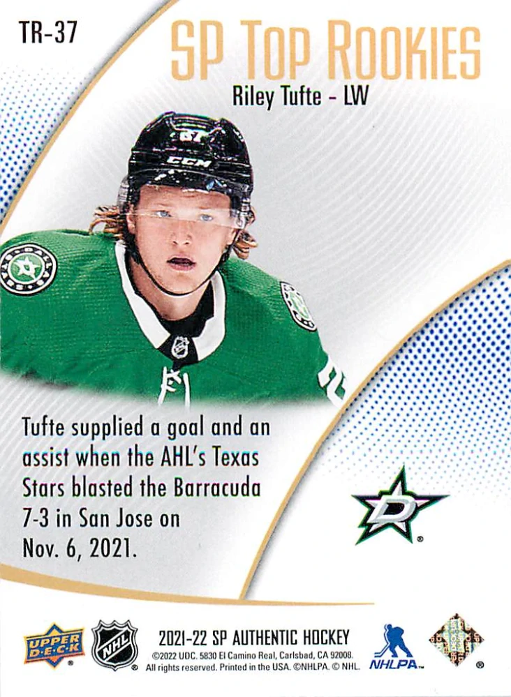 2021-22 UD SP Authentic - Riley Tufte - SP Top Rookies Blue #TR-37