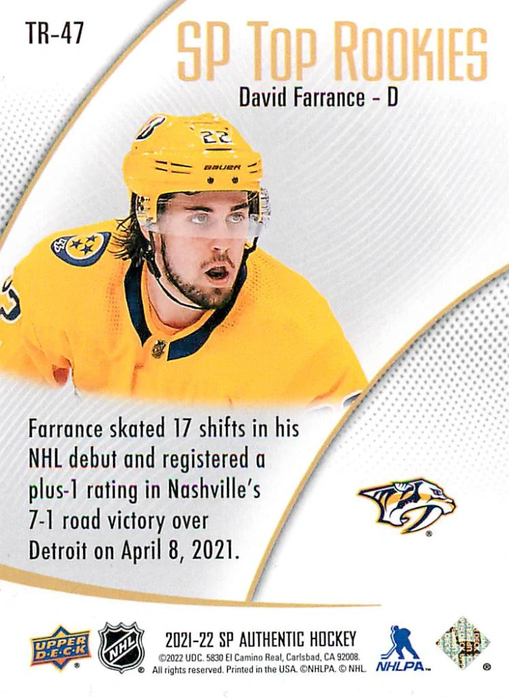 2021-22 UD SP Authentic - David Farrance - SP Top Rookies #TR-47