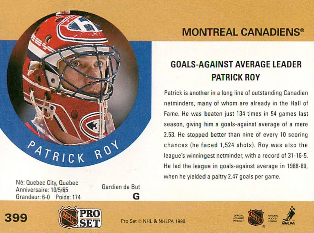 1990-91 Pro Set - Patrick Roy - GAA Leader #399