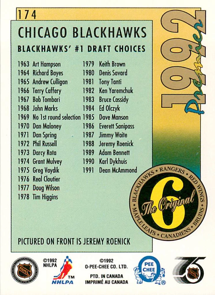 1991-92 O-Pee-Chee Premier - Jeremy Roenick - The Original 6 #174