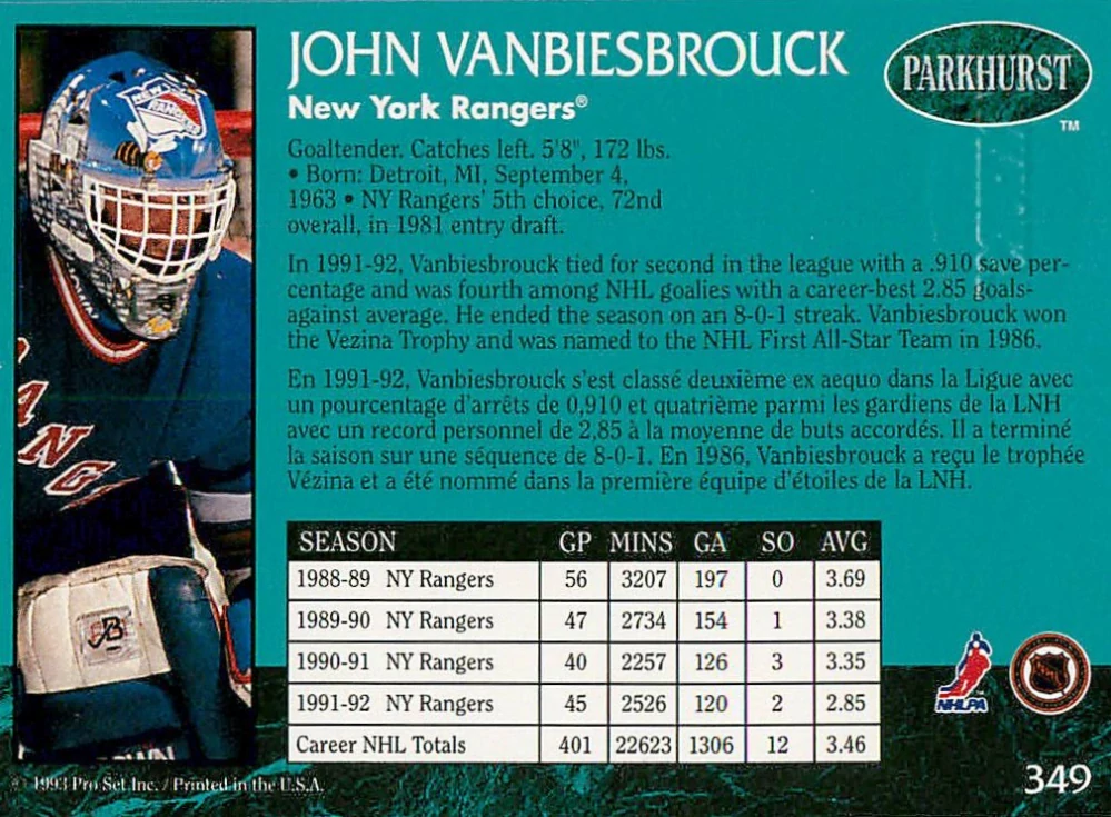 1992-93 Parkhurst - John Vanbiesbrouck - Emerald Ice #349