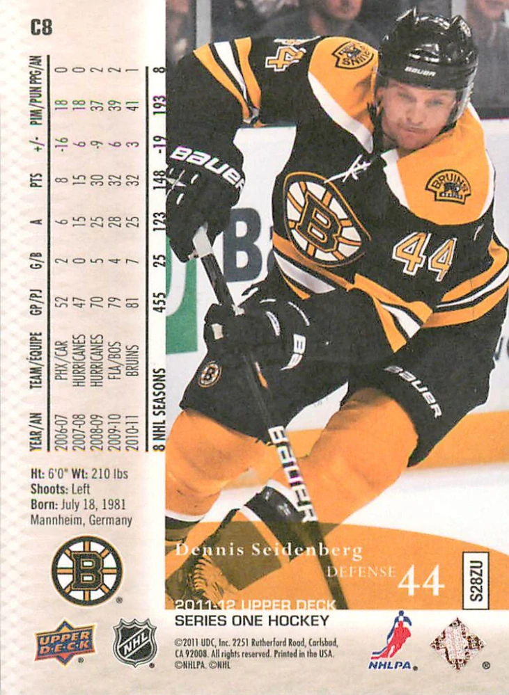 2011-12 UD Series 1 - Dennis Seidenberg - Canvas #8