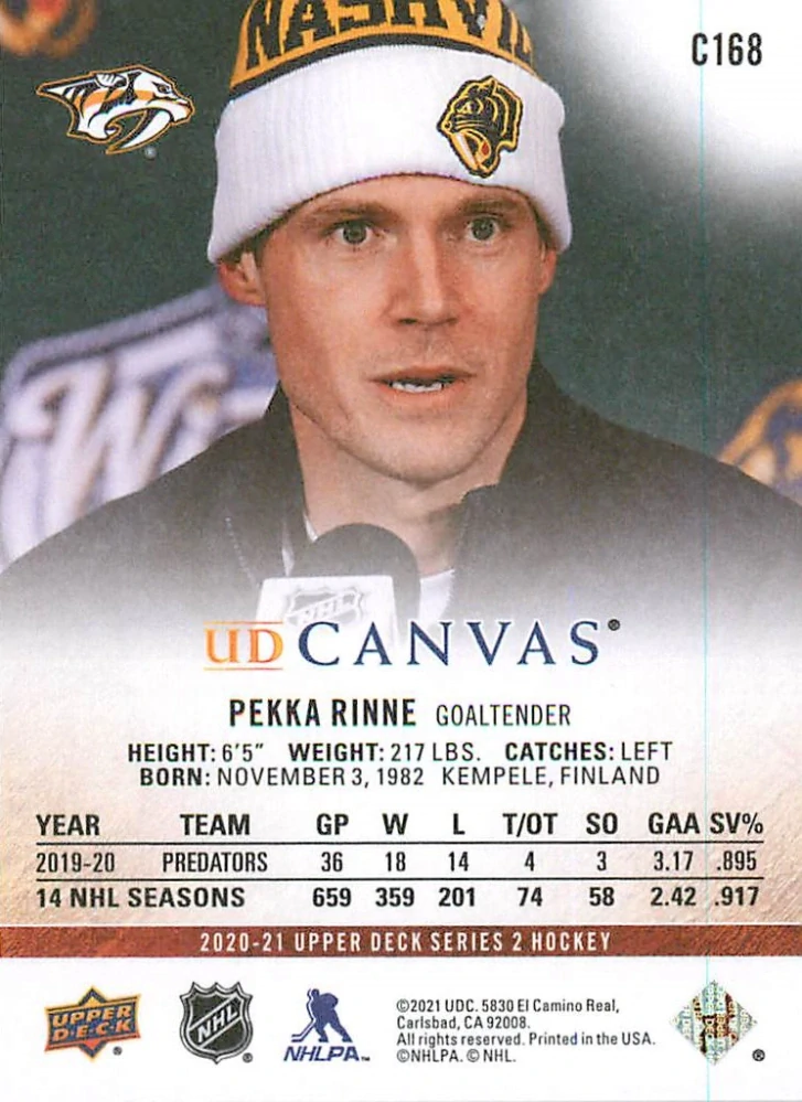2020-21 UD Series 2 - Pekka Rinne - Canvas #C168