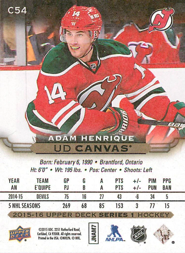 2015-16 UD Series 1 - Adam Henrique - Canvas #C54