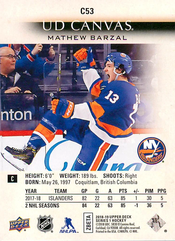2018-19 UD Series 1 - Mathew Barzal - Canvas #C53