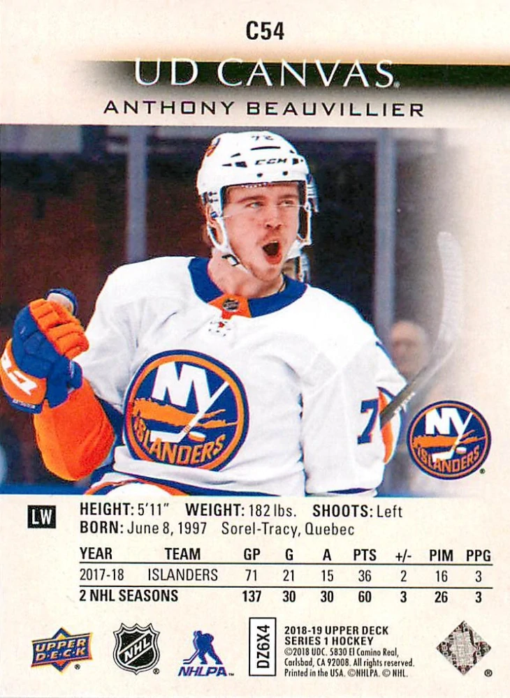 2018-19 UD Series 1 - Anthony Beauvillier - Canvas #C54