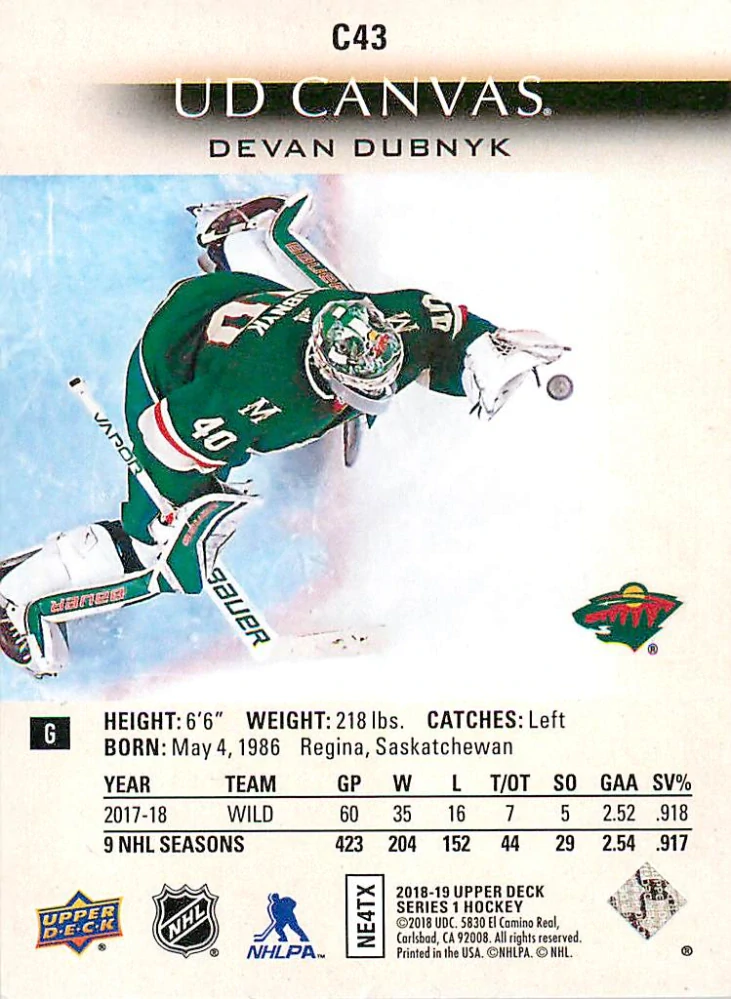 2018-19 UD Series 1 - Devan Dubnyk - Canvas #C43
