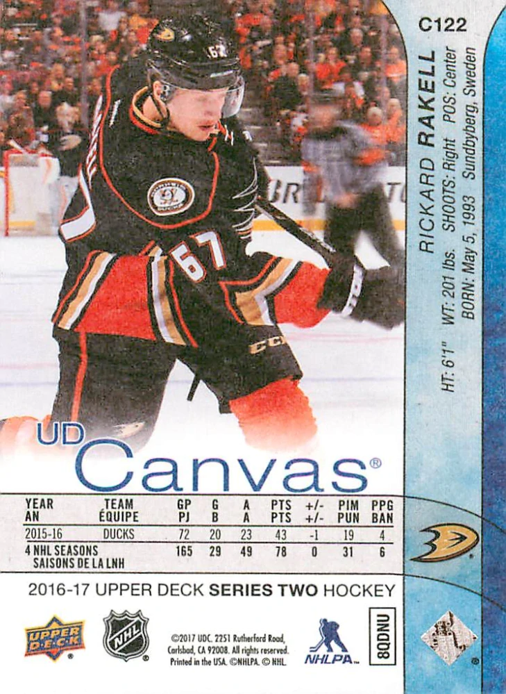 2016-17 UD Series 2 - Rickard Rakell - Canvas #C122
