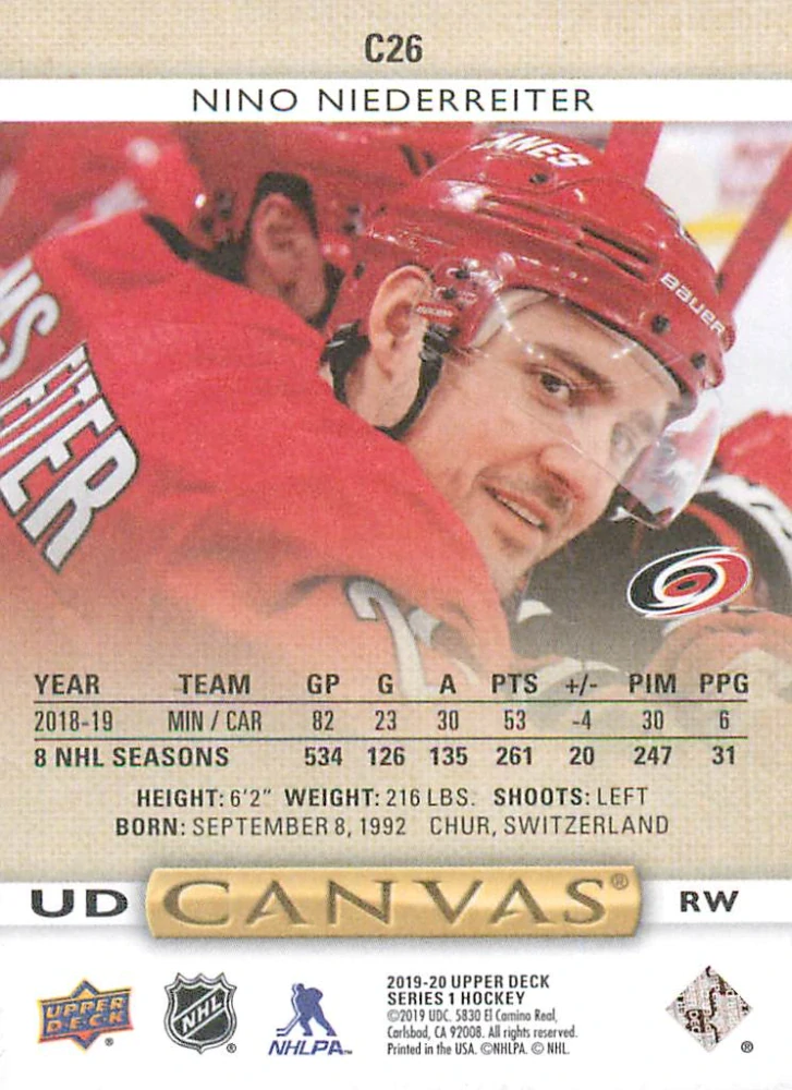 2019-20 UD Series 1 - Nino Niederreiter - Canvas #C26