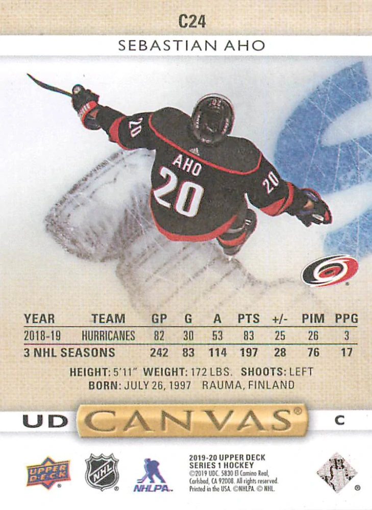 2019-20 UD Series 1 - Sebastian Aho - Canvas #C24